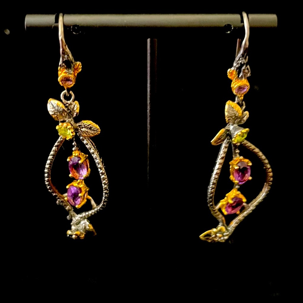 Silver and amethyst handmade earrings, statement hand made. Natural stones.